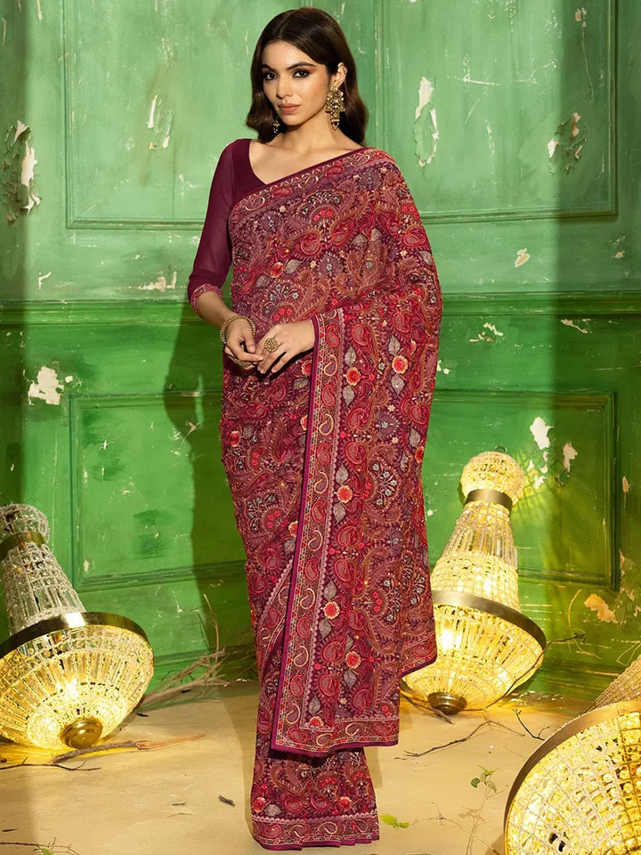 Floral Embroidered Beads and Stones Georgette Saree - Image 3