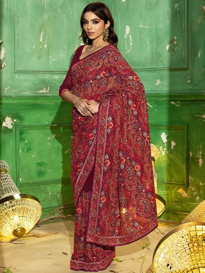 Floral Embroidered Beads and Stones Georgette Saree - Image 2
