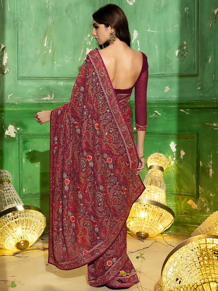 Floral Embroidered Beads and Stones Georgette Saree - Image 4