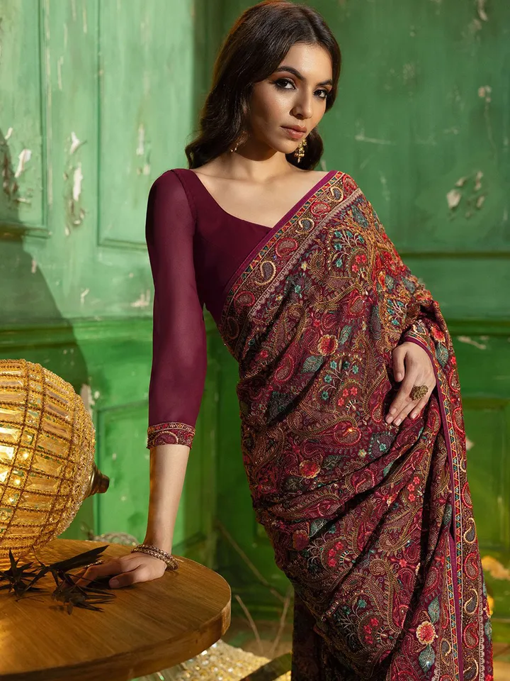 Floral Embroidered Beads and Stones Georgette Saree