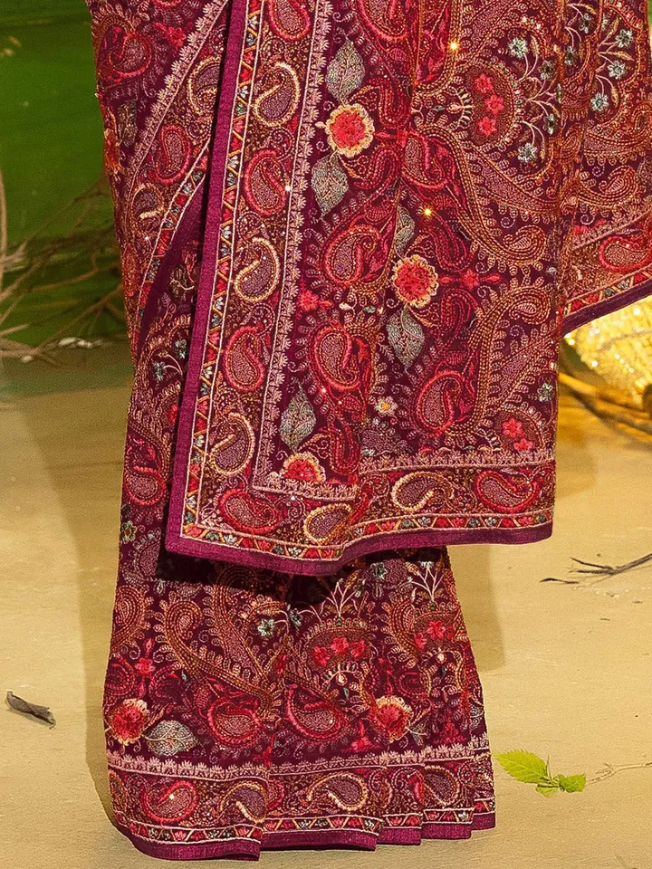 Floral Embroidered Beads and Stones Georgette Saree - Image 5