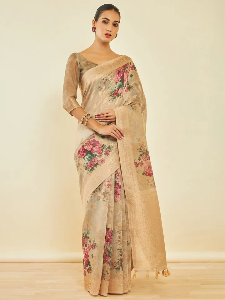 Floral Zari Tussar Saree - Image 2