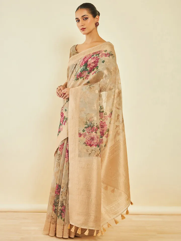 Floral Zari Tussar Saree - Image 3
