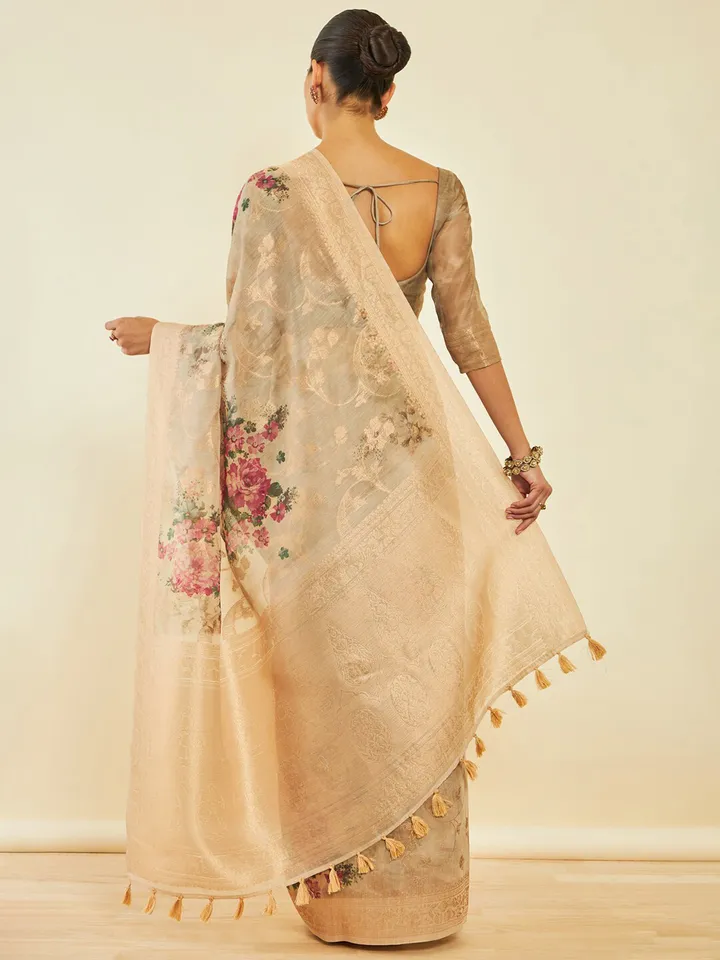 Floral Zari Tussar Saree - Image 4