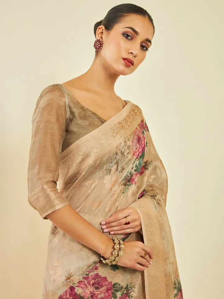 Floral Zari Tussar Saree - Image 5
