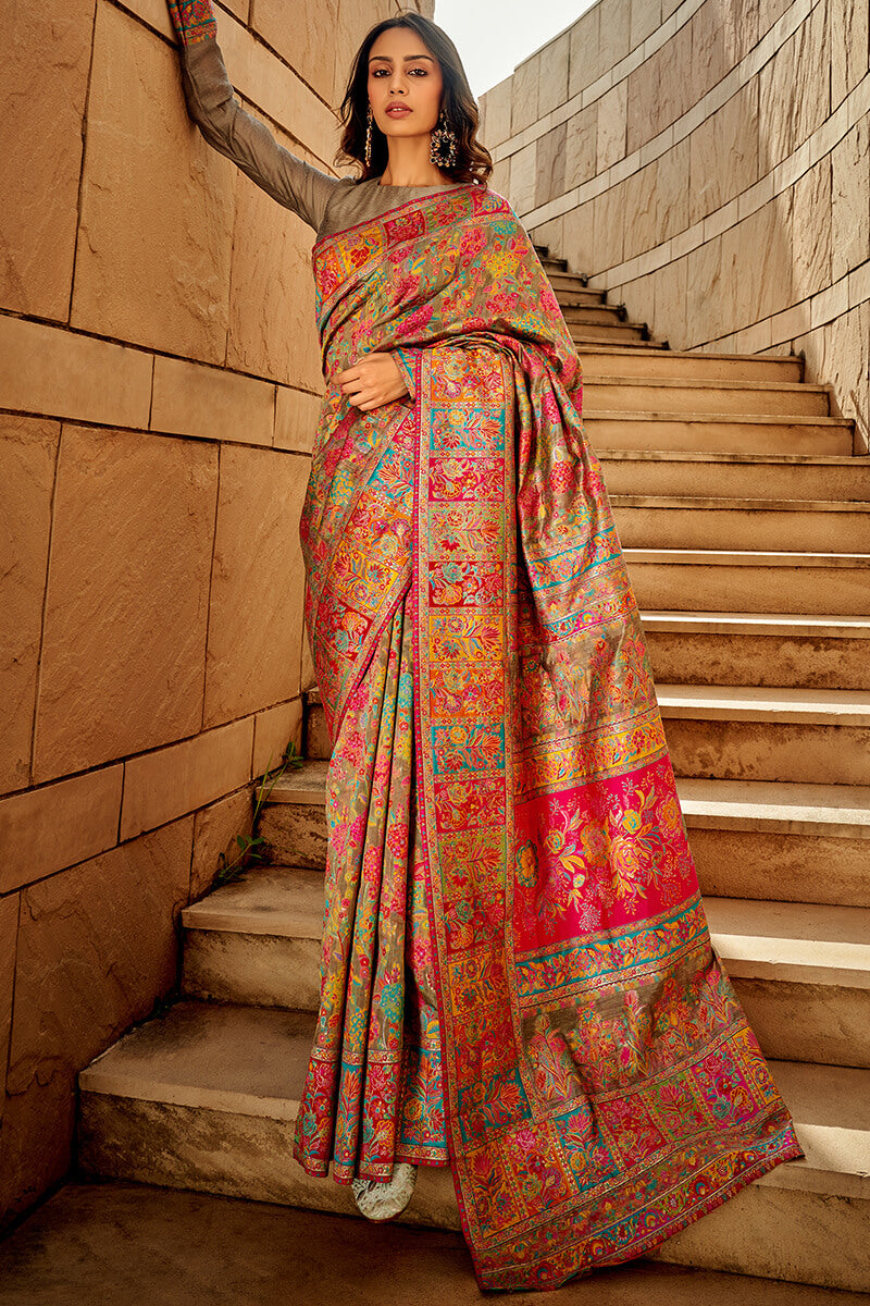 Kashmiri Handloom Woven Design Banarasi Saree - Image 17