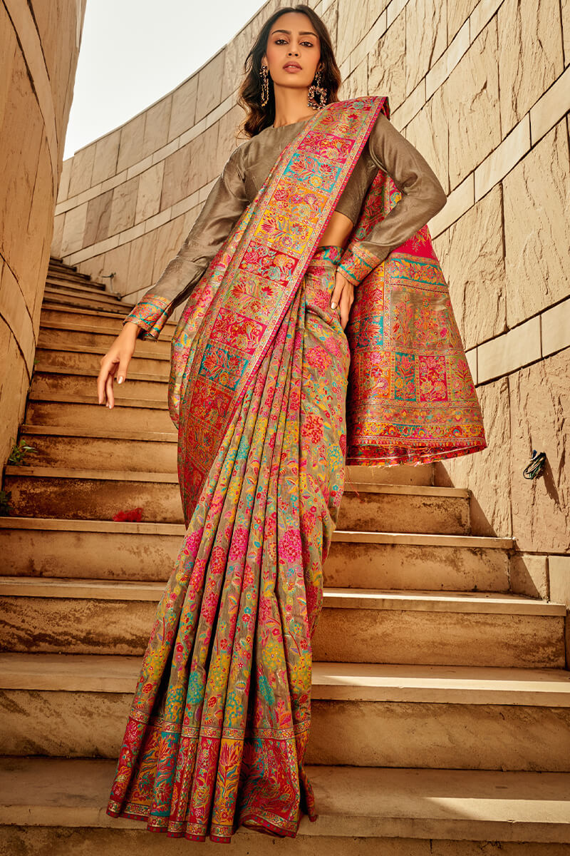 Kashmiri Handloom Woven Design Banarasi Saree - Image 18