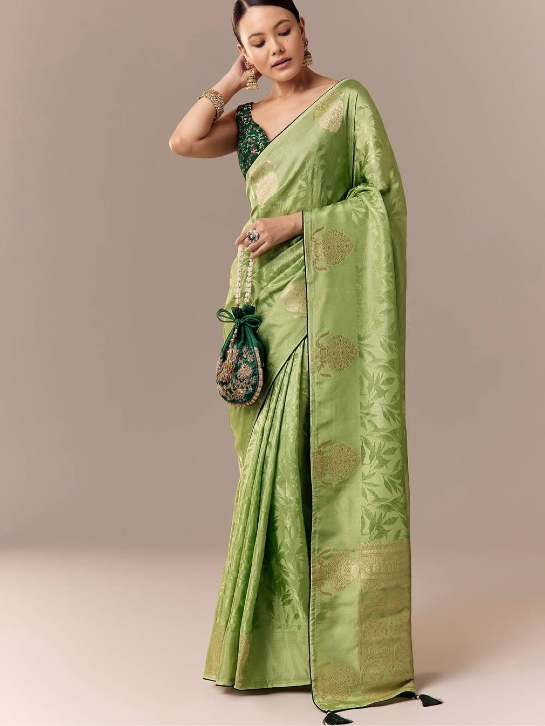 Lime Green Saree Elevated with Ethnic Elements - Image 2