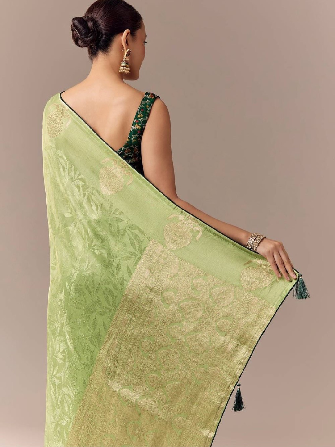 Lime Green Saree Elevated with Ethnic Elements - Image 3