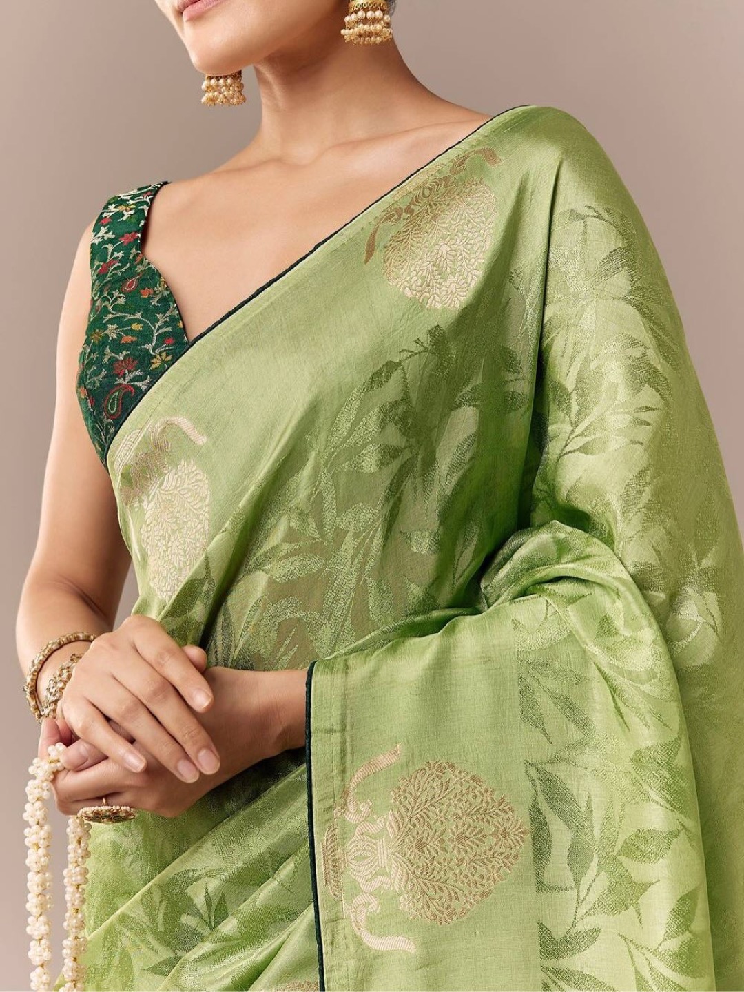 Lime Green Saree Elevated with Ethnic Elements - Image 4