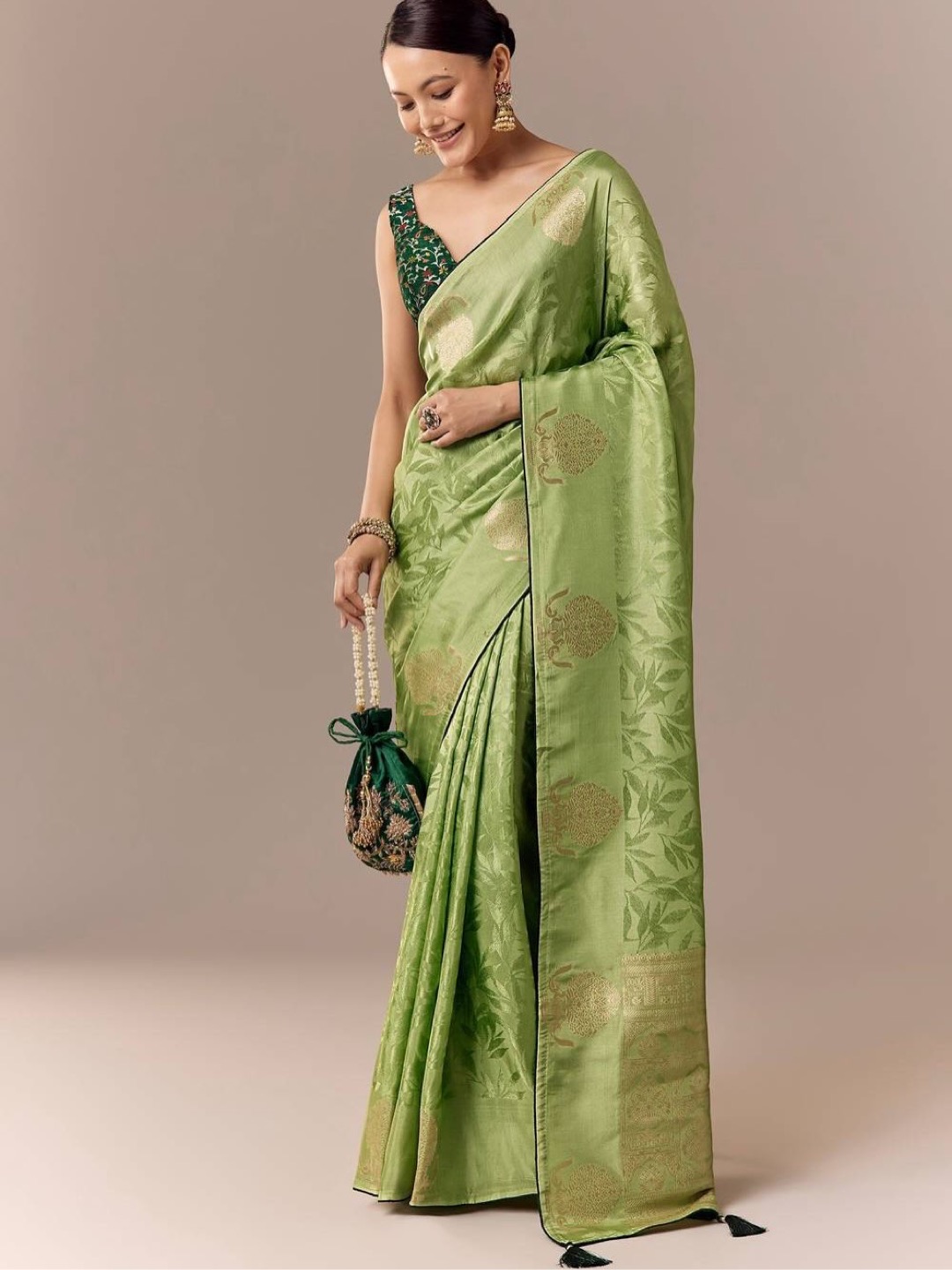 Lime Green Saree Elevated with Ethnic Elements - Image 5