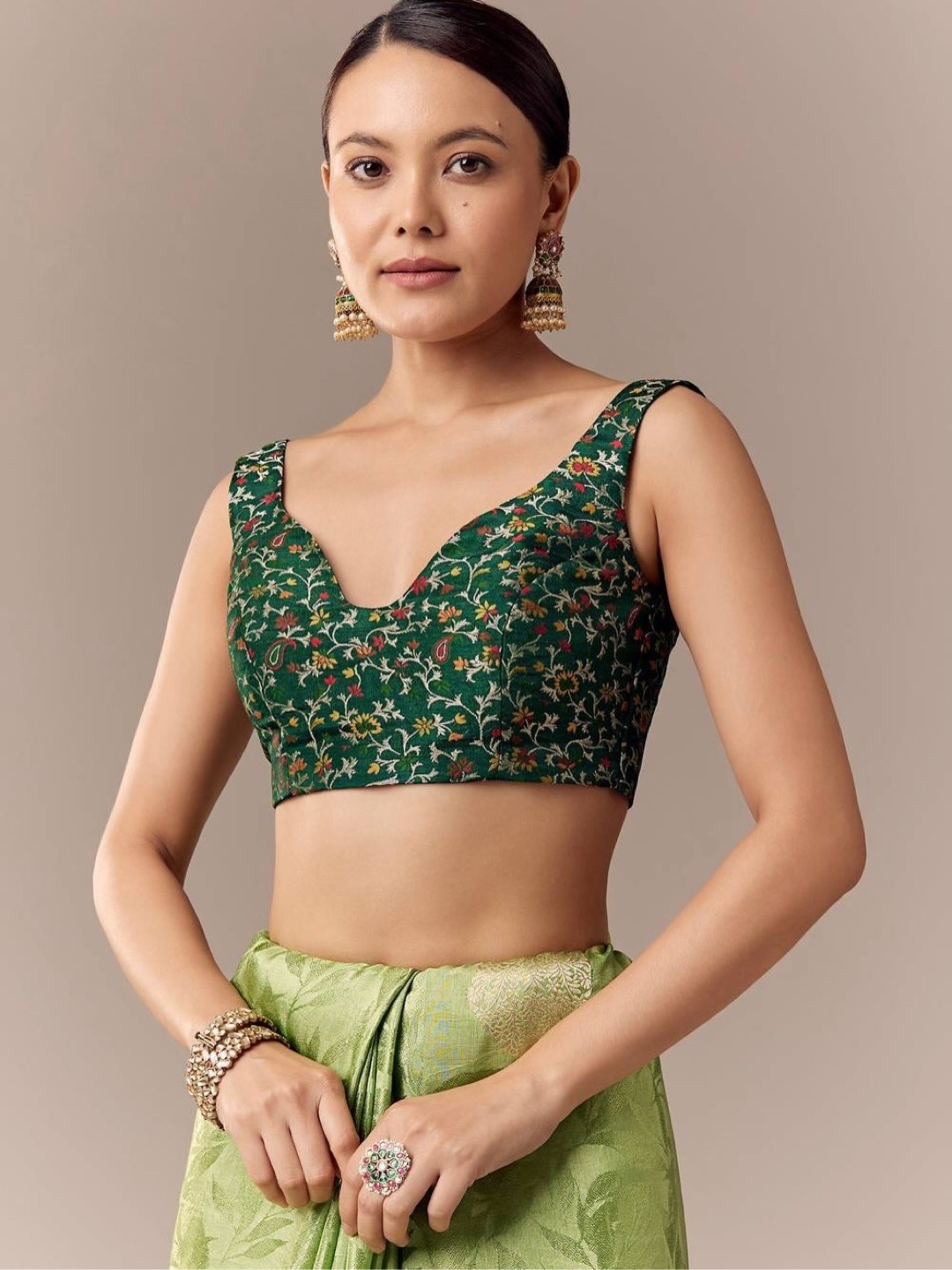 Lime Green Saree Elevated with Ethnic Elements - Image 6